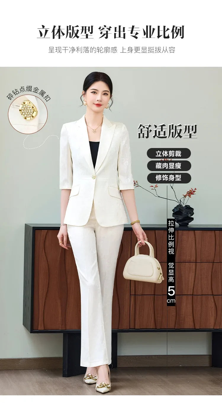 Fashion Purple Half Sleeve Professional Suit Women New Summer Elegant Formal Slim Blazer And Pants Office Ladies Work Wear