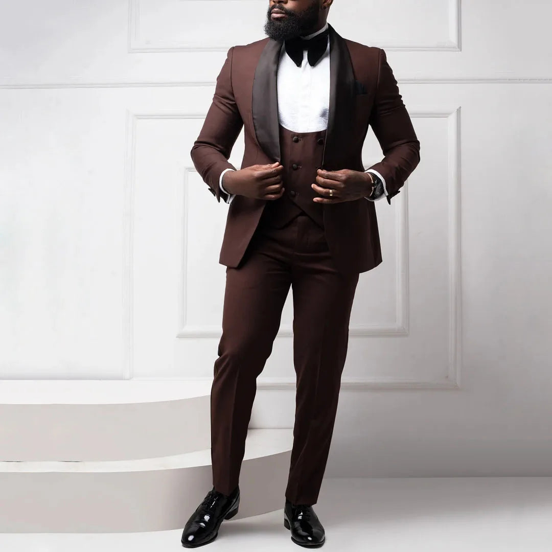 Men Suit Coffee 3 Pieces With Bright Black Lapel For Wedding Birthday Party Banquet Business Work Set Jacket Verst With Pants