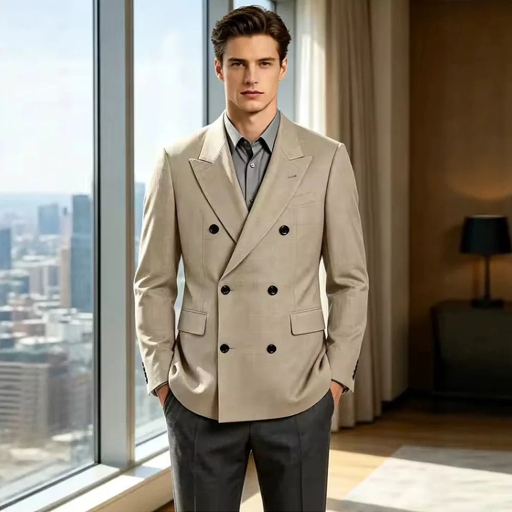 Men's Business Casual Linen Formal Suit Slim-fit Double-breasted Wedding Groom's Dress Party Daily Commuting
