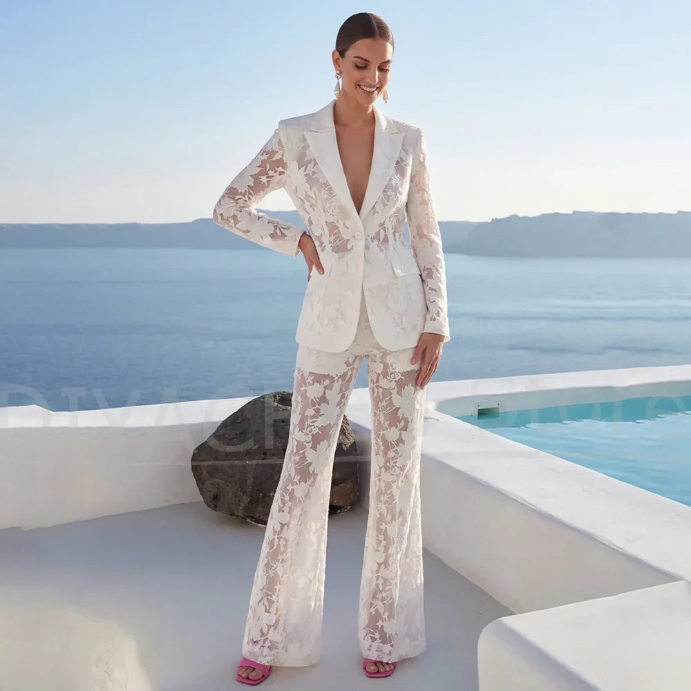 White Floral Lace Women Suit Fashion Blazer and Pants Elegant Formal Wedding Evening Party Cocktail Luxury Two Piece Outfit