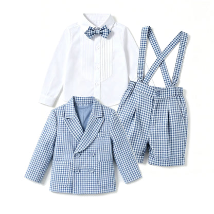 Toddler Baby Boy Checked Formal Suit Set 3 Pcs  Blazer Suspender Short Infant Gentleman Clothes For Wedding Birthday Photography