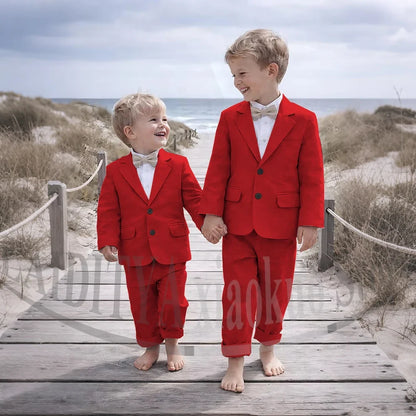 Beige Linen 2 Pieces Boys Suit Jacket Pants Kids Ring Bearer Outfit Breathable Summer Beach Wedding Birthday Party Costume