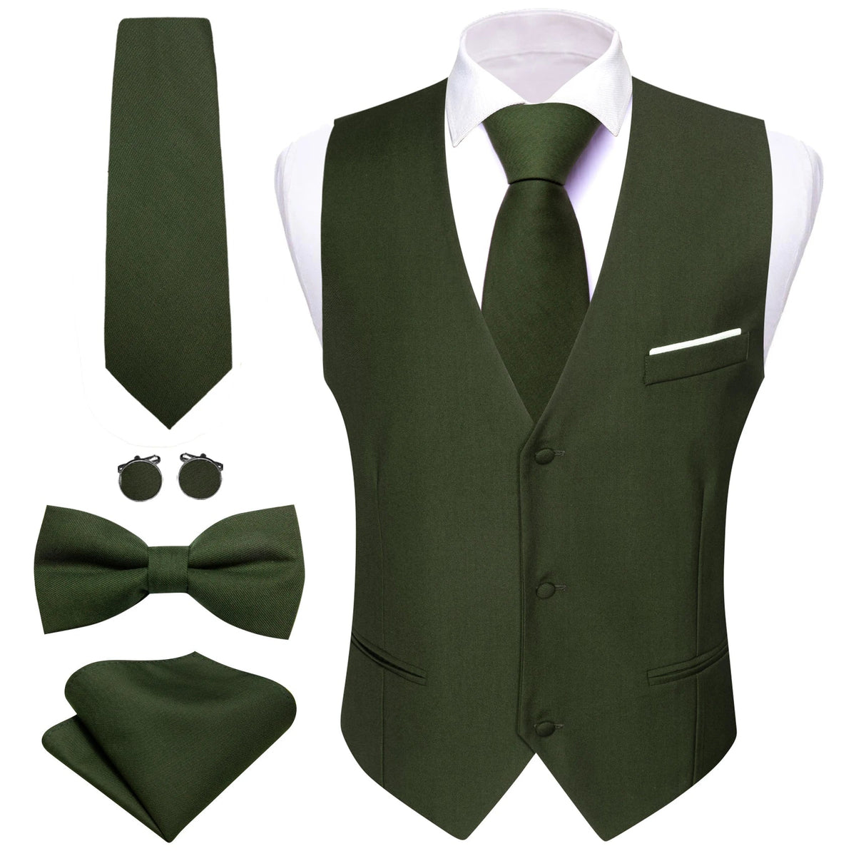 Men's Suit Vest 5-Piece Set – Solid Color V-Neck Waistcoat with Tie, Bow Tie, Pocket Square & Cufflinks for Wedding & Business