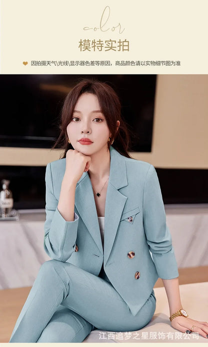 Blue Suit Women 2024 New Spring High End Fashion Temperament Professional Short Blazer And Pants Sets Office Ladies Work Wear