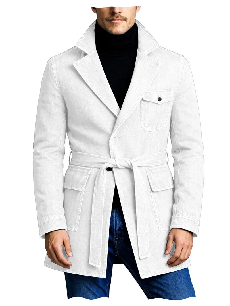 Men's Vintage Mid Length Belted Denim Trench Coat Notched Lapel Casual Workwear Outerwear Stylish Daily Streetwear Jacket