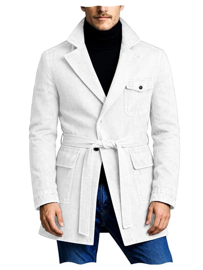 Men's Vintage Mid Length Belted Denim Trench Coat Notched Lapel Casual Workwear Outerwear Stylish Daily Streetwear Jacket