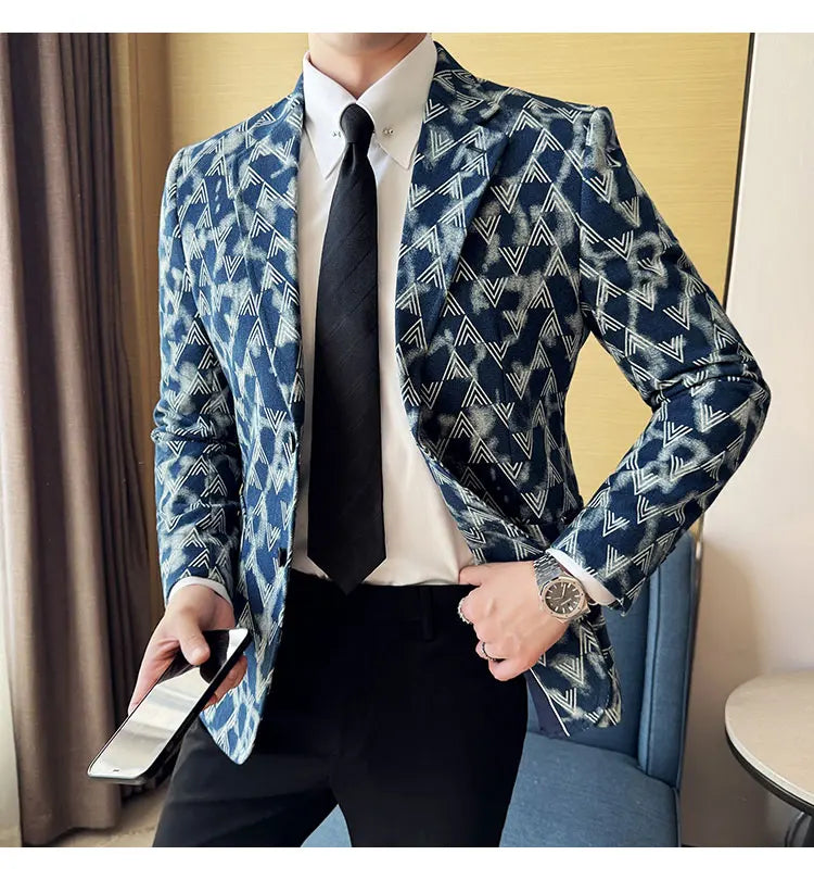 Jacquard Denim Korean Slim Fit Suit Coats 2025 New High Qualitys Fashion Men Slim Fit Business Formal Social Suit Jacket 4XL-M