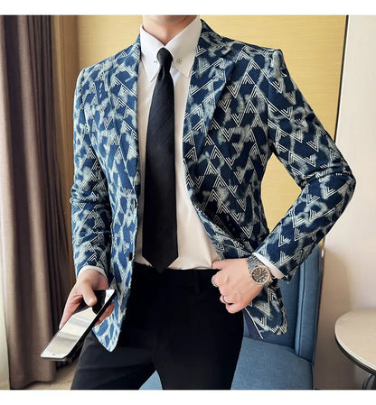 Jacquard Denim Korean Slim Fit Suit Coats 2025 New High Qualitys Fashion Men Slim Fit Business Formal Social Suit Jacket 4XL-M