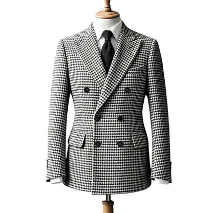 Men's Double Breasted Houndstooth Suit Jacket Classic Slim Fit Groom Wedding Blazer