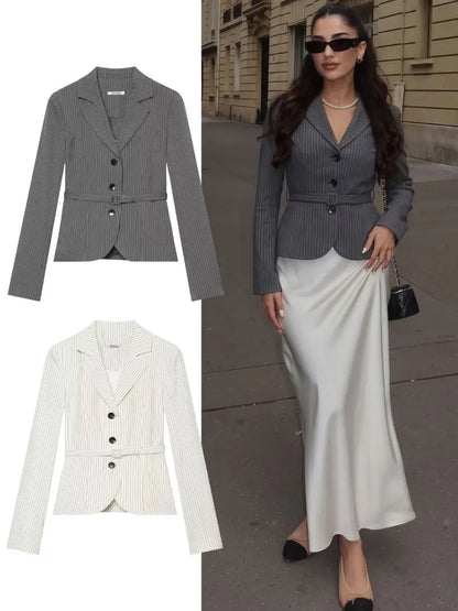 Elegant Women's Striped Blazer With Belt 2026 Spring Autumn Lapel Long Sleeves Single Breasted Slim Trendy Office Lady Suit
