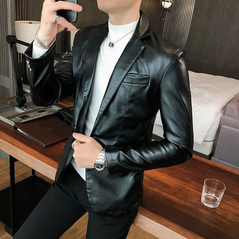 Thin Leather Man Suits and Blazers Simple Breasted Clothing Handsome Classic Menswear High Quality Coats Casual Jacket for Men