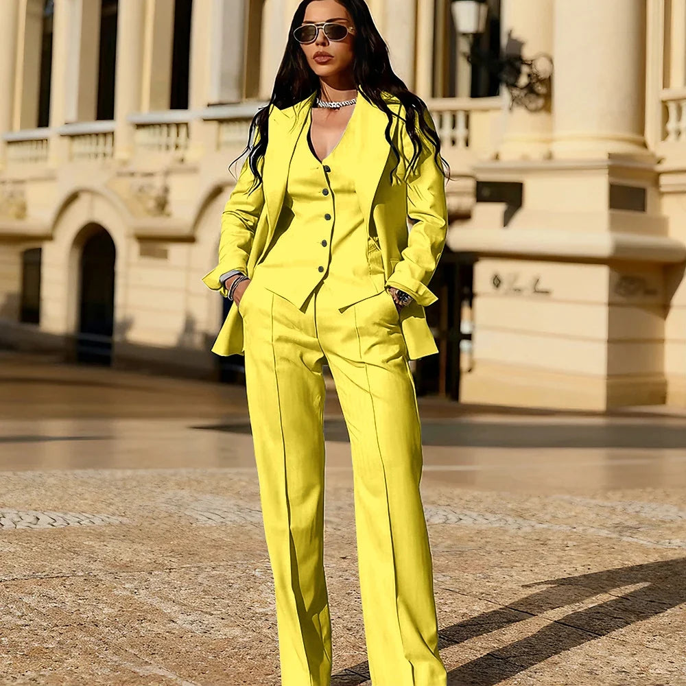 Light Blue 3 Piece Suit Set New Women's Jackets Single Breasted Peaked Lapel Blazer+Vest+Pants Formal Office Commute Outfit