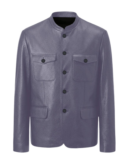 Men Premium Leather-Like Stand Collar Jacket Single Breasted Casual Multi-Pocket Slim Fit Business Outerwear