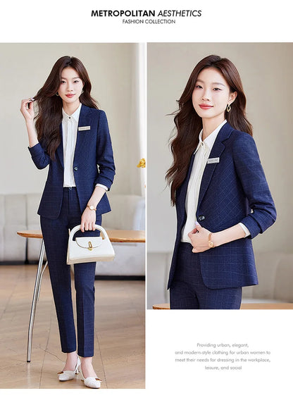 2024 Spring Autumn New Retro Plaid Elegant Blazer Coat And High Waist Pencil Pant Two Piece Set Women's Suit Business Clothing