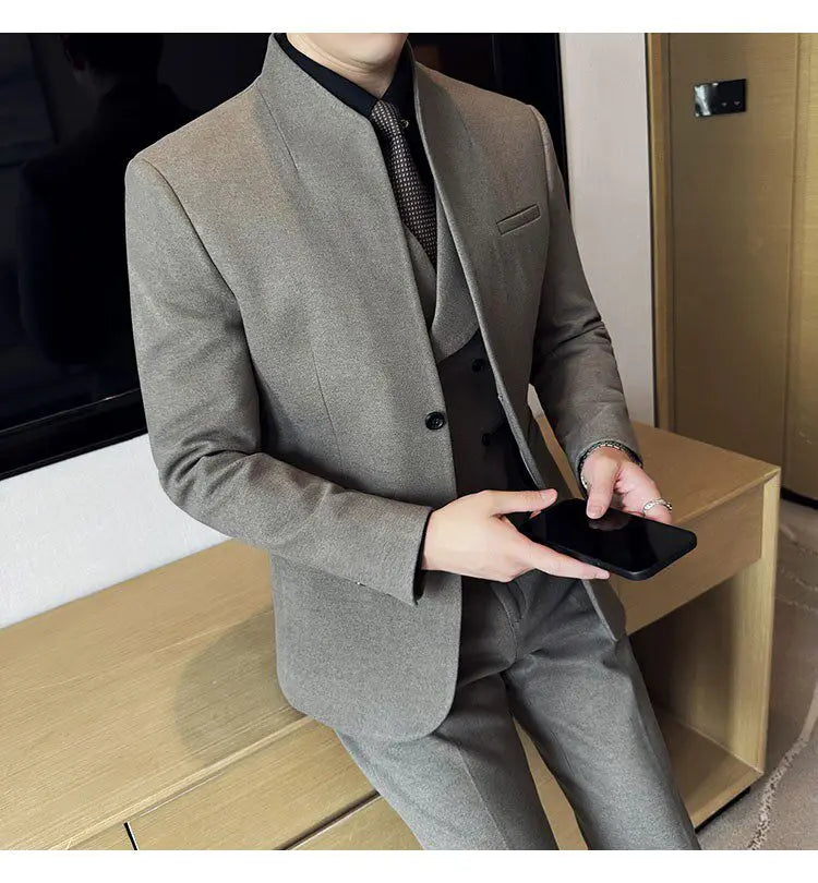 Men's 3-Piece Slim Fit Stand Collar Suit – Wedding, Prom & Office Formal Set