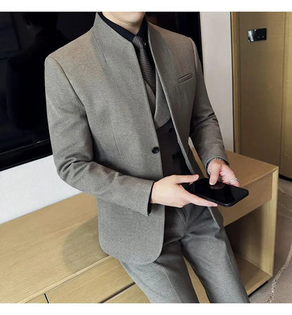 Men's 3-Piece Slim Fit Stand Collar Suit – Wedding, Prom & Office Formal Set