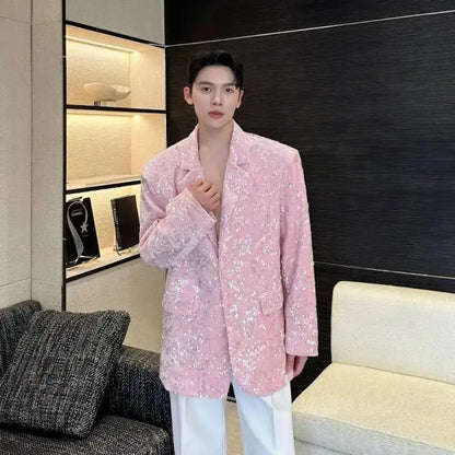 Blazer 2025 Autumn New Sequin Patchwork Luxury Elegant Temperament Coat Men's Fashion Handsome Shoulder Pad Coat JY5816