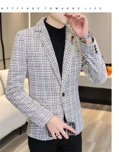 Korean Fashion Woven Suit Jacket for Men Autumn Slim Fit Casual Men Blazers Street Wear Social Business Dress Coats Men Clothing