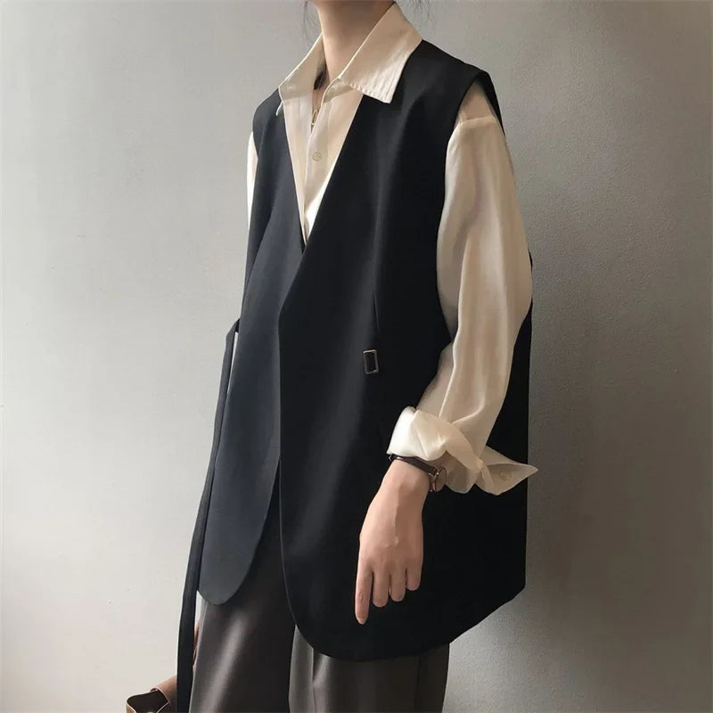 Women V-Neck Suit Coats Casual Sleeveless Blazer Korean Style Oversize Work Vests 2025 Spring Elegant Solid OL Blazer