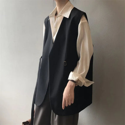 Women V-Neck Suit Coats Casual Sleeveless Blazer Korean Style Oversize Work Vests 2025 Spring Elegant Solid OL Blazer