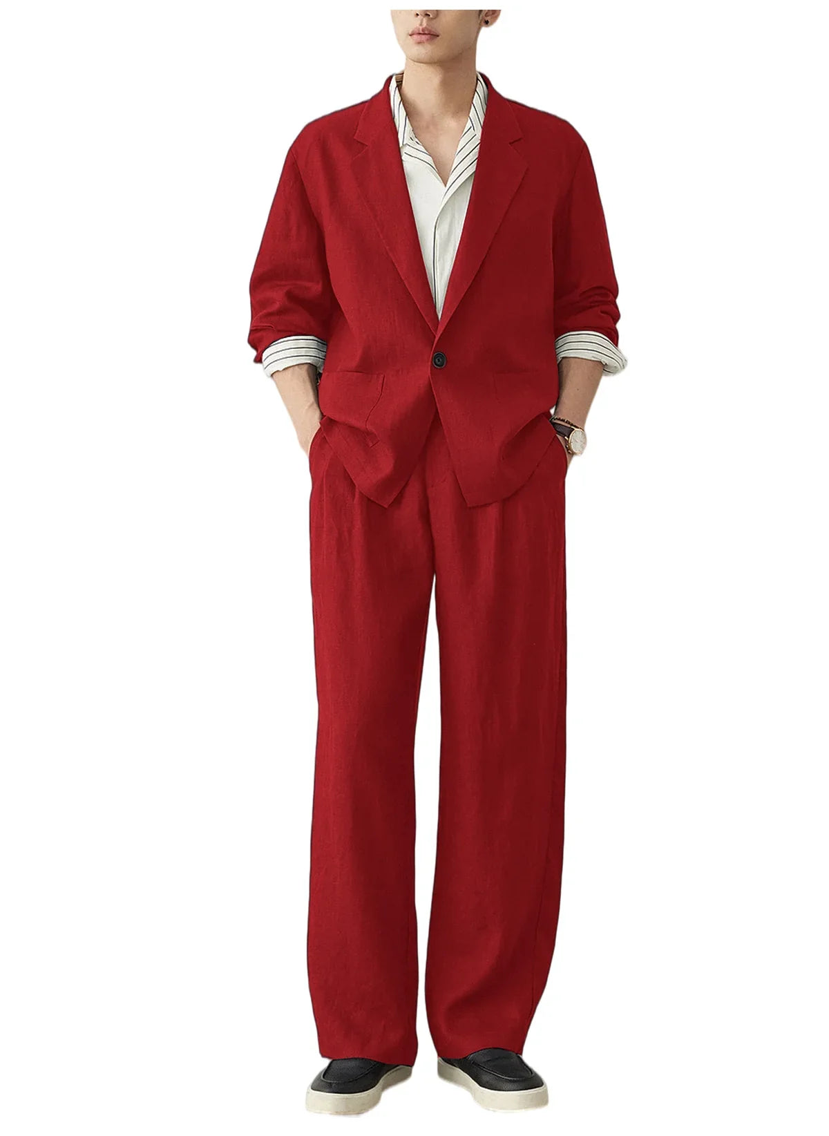 Men's Linen Blazer Suit Set Lightweight Breathable Casual Jacket Business Vacation Party Wedding Spring Summer Autumn Daily Wear