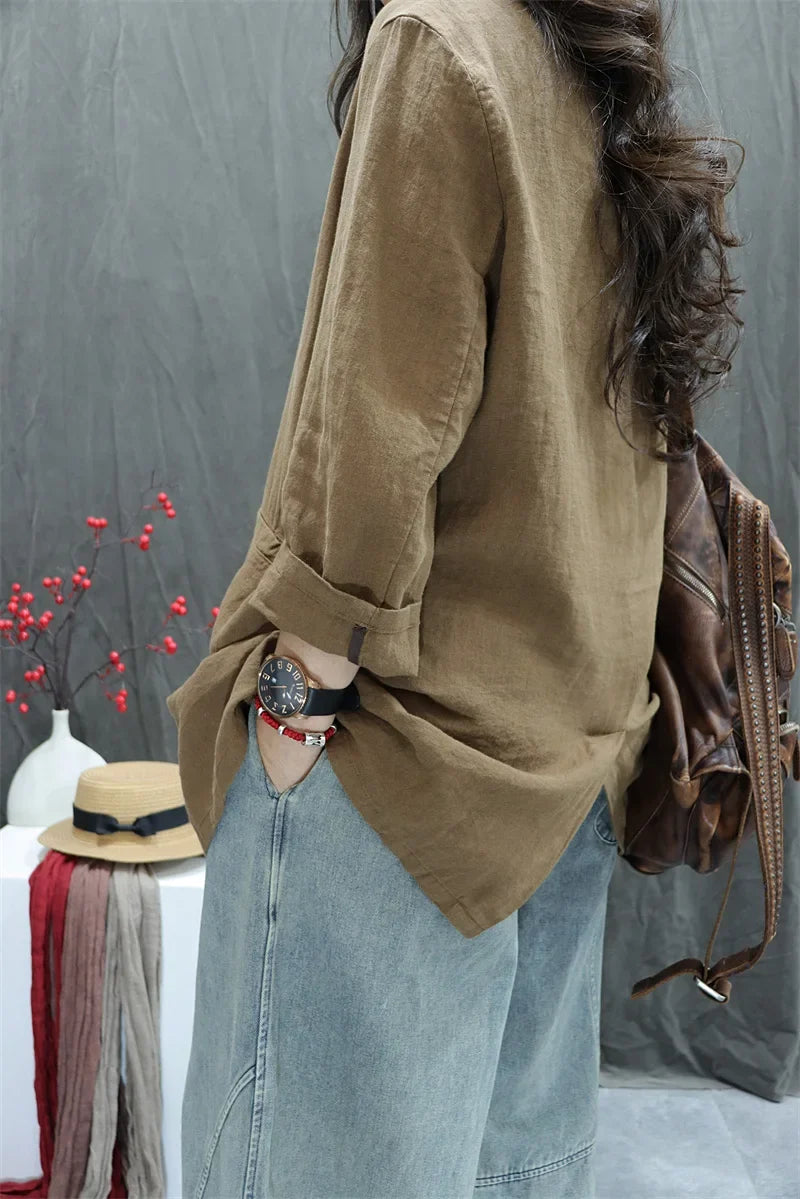 2026 Autumn New Style Women's Casual Pure Color Linen Long Sleeve Retro Fashionable Versatile Suiting Jacket Classic All-Match