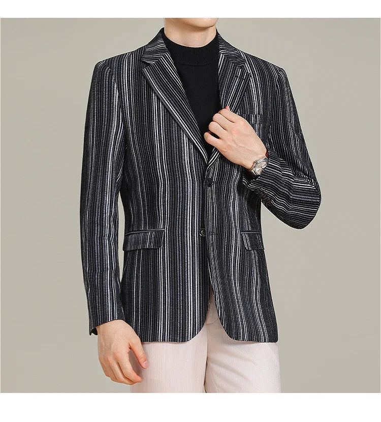 2025 Autumn Winter Velvet Striped Fashion Casual Suit Jacket Slim Fit Versatile Business Blazers Social Wedding Groom Dress Coat