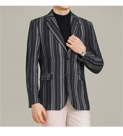 2025 Autumn Winter Velvet Striped Fashion Casual Suit Jacket Slim Fit Versatile Business Blazers Social Wedding Groom Dress Coat