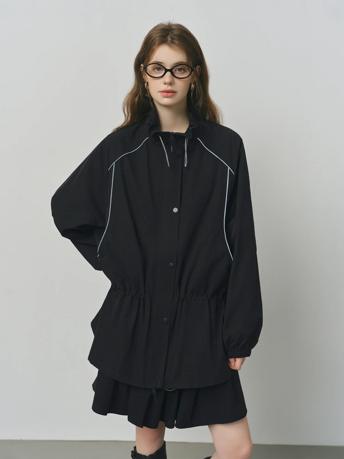 Stand Collar Drawstring Reflective Strip Design Jacket 2025 Autumn New Casual Short Jacket 25FS13173