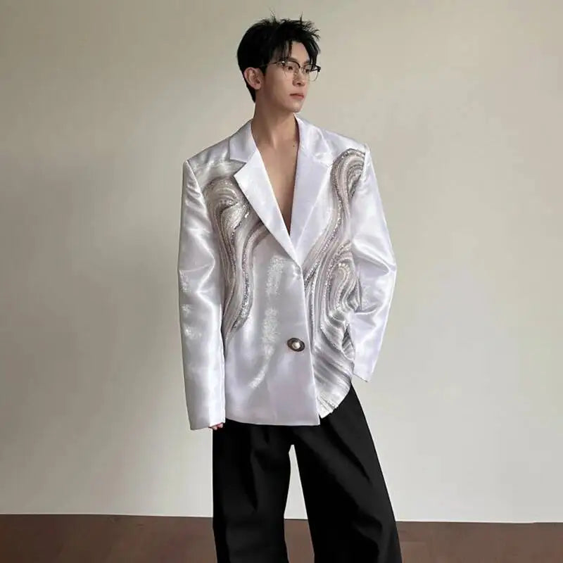 2026 New Original Luxury Temperament Sequin Gauze Patchwork Design Blazer Coat Men Elegant Handsome Casual Jacket JY7013