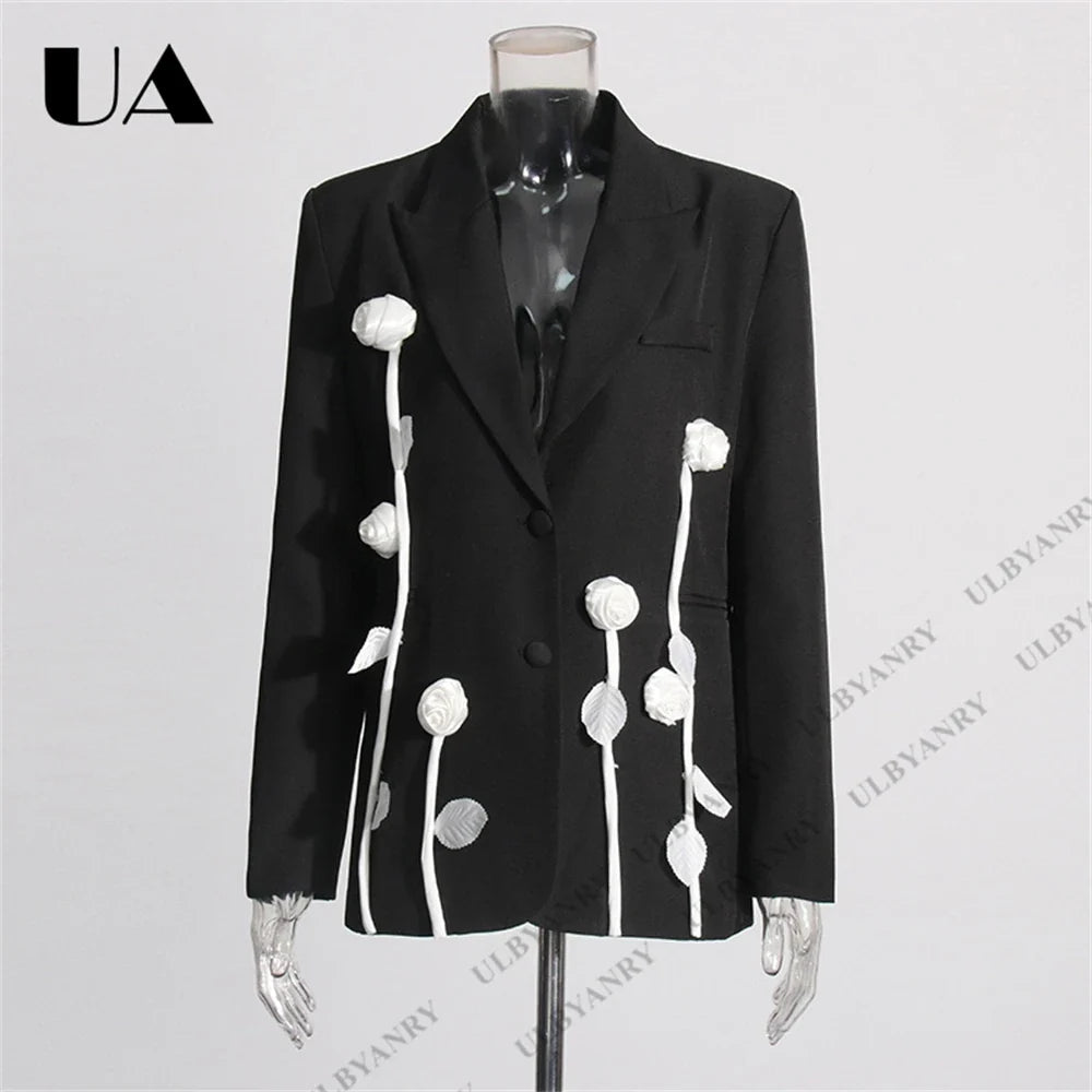 Unique Design Women’s Blazer – Black, 3D White Rose, Long Sleeve, Button Closure, Work Date Jacket Office Casual Jacket