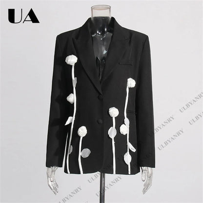 Unique Design Women’s Blazer – Black, 3D White Rose, Long Sleeve, Button Closure, Work Date Jacket Office Casual Jacket