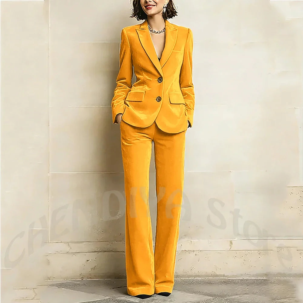 Purple Velvet Women Suit Two Pieces Classic Peaked Lapel Straight Outfit Single Breasted Tailored Elegant Lady Set Jacket Pants