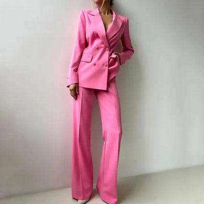 Women Suit 2 Pieces Rose Pink Double Button Solid For Wedding Banquet Party Business Commute Casual Daily Blazer And Pants