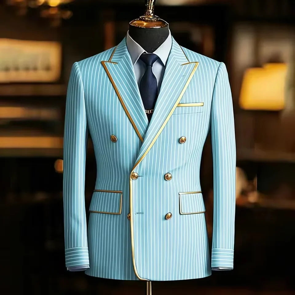 Pinstripe Double Breasted Peak Lapel Mens Suit Jacket Business Slim Fit Gold Trim Striped Coat Formal Wedding Prom Banquet Party