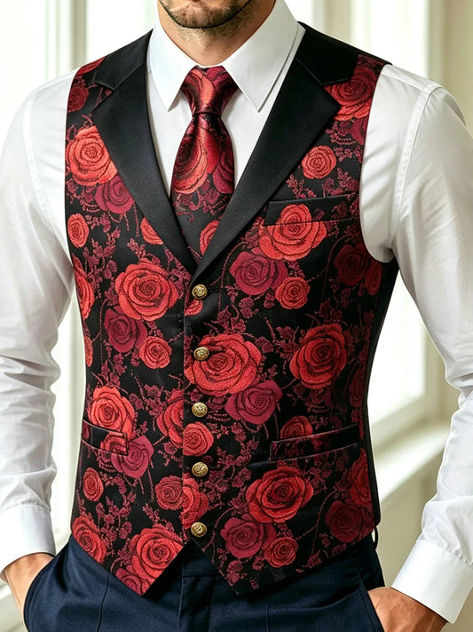 Men's Floral Jacquard Waistcoat 3-Piece Set – Red Notched Lapel Vest with Tie & Pocket Square for Weddings