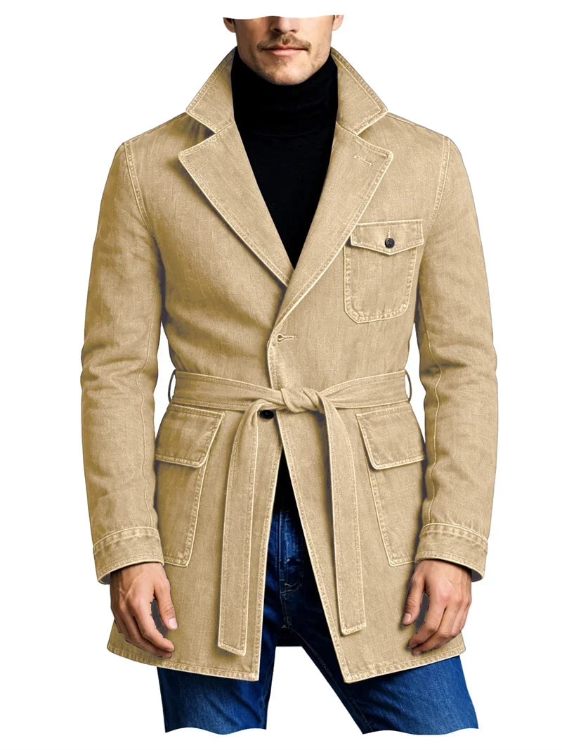 Men's Vintage Mid Length Belted Denim Trench Coat Notched Lapel Casual Workwear Outerwear Stylish Daily Streetwear Jacket