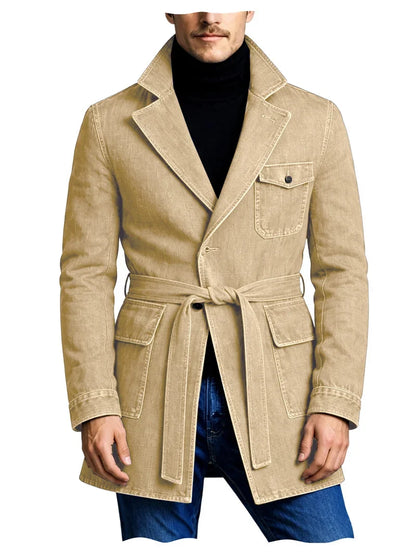 Men's Vintage Mid Length Belted Denim Trench Coat Notched Lapel Casual Workwear Outerwear Stylish Daily Streetwear Jacket