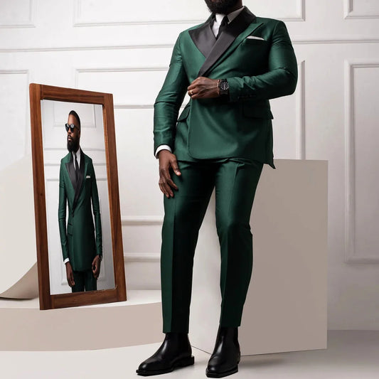 Men Suit Dark Green 2 Pieces With Black Bright Lapel For Wedding Birthday Banquet Party Business Work Office Set Jacket Pants