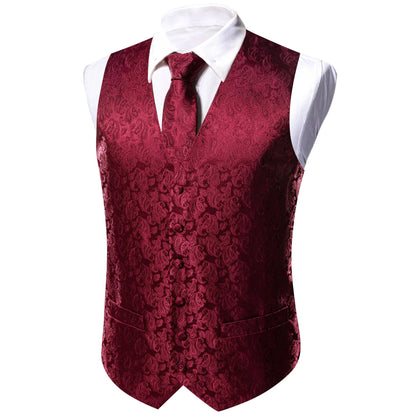 Men's Vest Accessory Kit – Burgundy Paisley V-Neck with Tie, Pocket Square, Cufflinks & Ring for Wedding & Banquet
