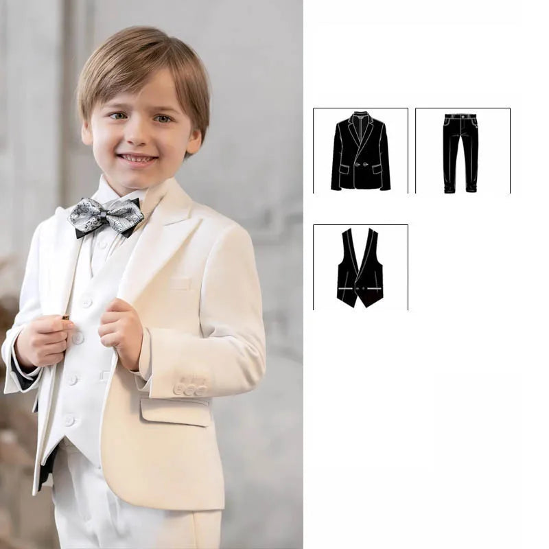 Children White Baptism 3Pieces/Set Jacket Vest Pants Ceremony Photograph Suit Boys Party Dress Kids Piano Performance Costume