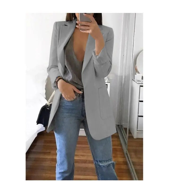 Women's Casual Blazer Notched Lapel Long Sleeve Open Jacket with Pockets Slim Fit Spring Autumn Office Lady Streetwear Coat