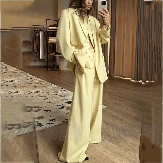 Grey Oversized Three Piece Suit Notched Lapel Loose Blazer Wide Leg Pants Set Casual Streetwear Office Women Outfit Custom