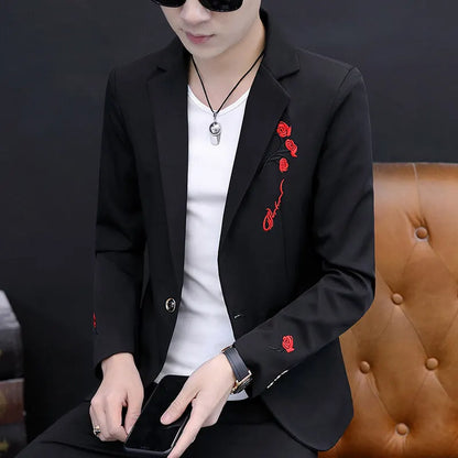 2025 New Korean Flower Embroidered Casual Suit Jacket Men Fashion Slim Fit Hairstylists Social Street Wear Blazers Men Clothing