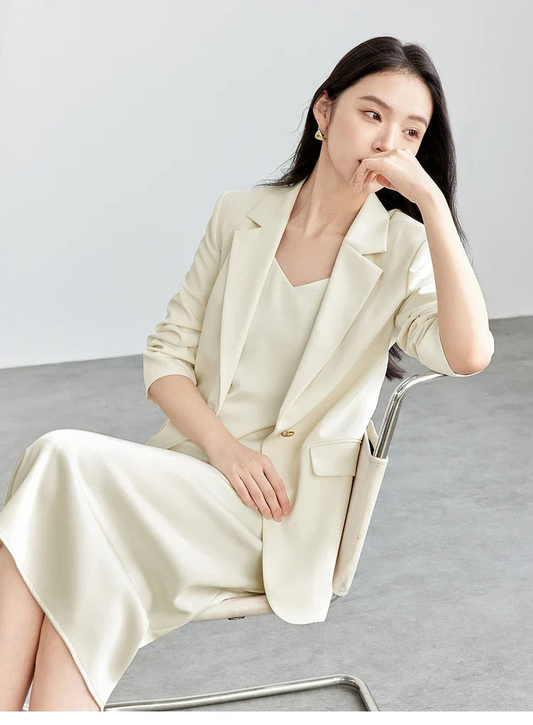 Women's Blazer 2026 Spring Fall Shoulder Pad Gathered Cuff Legant Draped Office Ladies Jackets Woman Clothes 151X57670