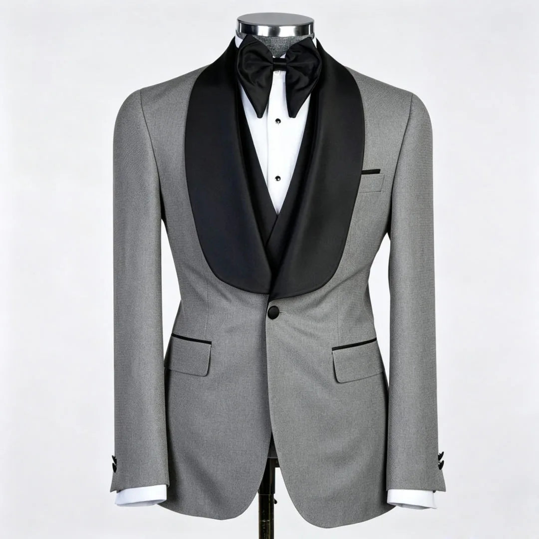Men Suit Champagne 3 Piece With Black Lapel For Wedding Groom Banquet Party Birthday Prom Business Work Office Jacket Vest Pants
