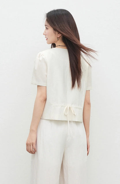 Commute V-Neck Short Sleeve Blazer Top Women 2026 Summer Fashion Color Block Wooden Button Slim Fit Jacket Q62XC7391