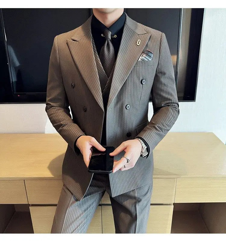 Korean Slim Fitt Wedding Suit Fashion Striped Double Breasted Suit 3 Piece Set Business Formal Casual Party Prom Host Suits