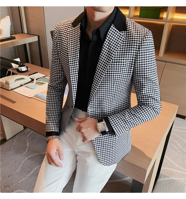 Men's High-Quality Fashion Suit Jacket Handsome Business Casual All-In-One Single-Breasted Checkered Design