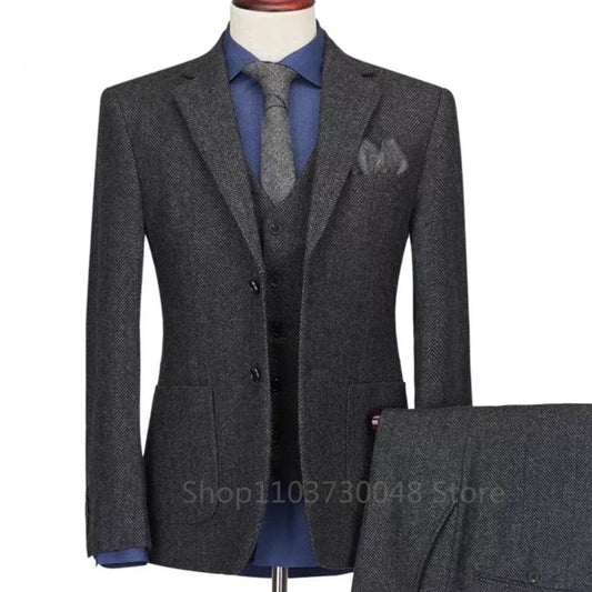 3 Pieces Men's Suits Dark Gray Tweed Herringbone Slim Fit Notch Lapel Two Buttons Jacket Groom Tuxedos(Blazer+Vest+Pants)
